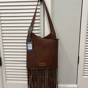 Wrangler Brown Fringe Shoulder Bag with Studded Strap NWT